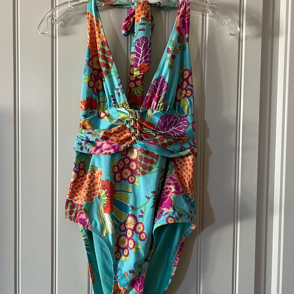 Trina Turk Multi-Colored Print One Piece Swimsuit with Plunging V-Neck